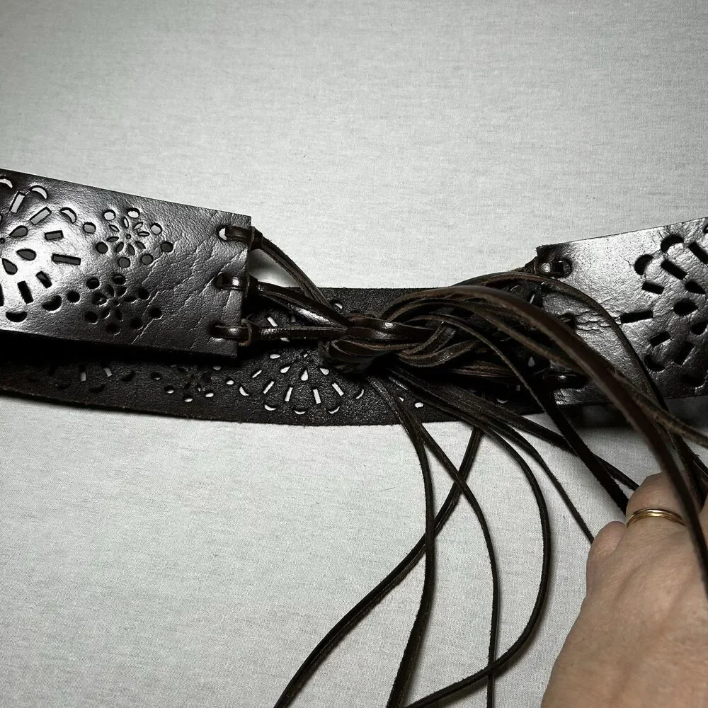 New York & Company dark brown bohemian laser-cut belt long fringe ties. L/XL